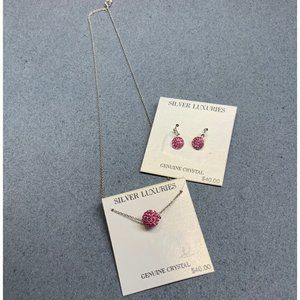 Silver Luxuries Necklace Dangle Earrings Lot Barbie Pink Crystal Ball Disc Silve